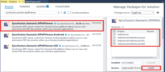 Syncfusion. Xamarin. SfPdfViewer NuGet Packages and install it to all or any of the projects within the solution